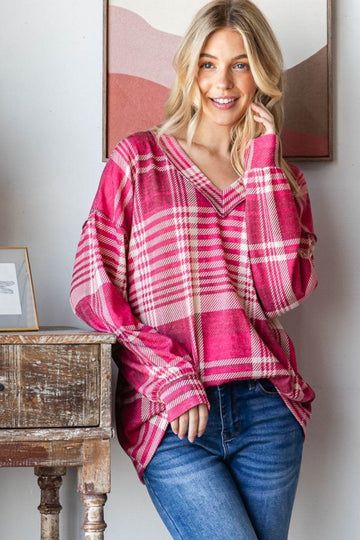 Heimish Plaid Drop Shoulder V-Neck T-Shirt - Hovatok
