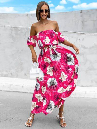 Pleated Floral Off-Shoulder Short Sleeve Midi Dress - Hovatok
