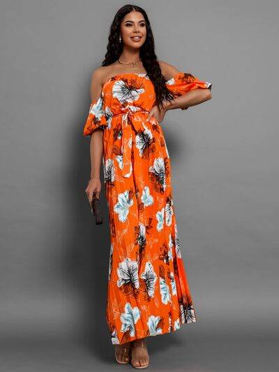 Pleated Floral Off-Shoulder Short Sleeve Midi Dress - Hovatok