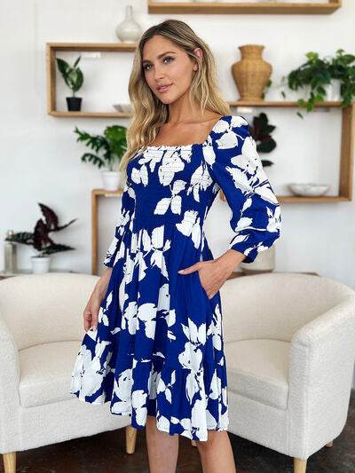 Double Take Full Size Floral Ruffle Hem Smocked Dress with Pockets - Hovatok