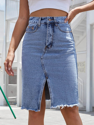 Raw Hem Slit Denim Skirt - Hovatok
