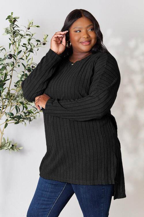 Basic Bae Full Size Ribbed Round Neck Long Sleeve Slit Top - Hovatok