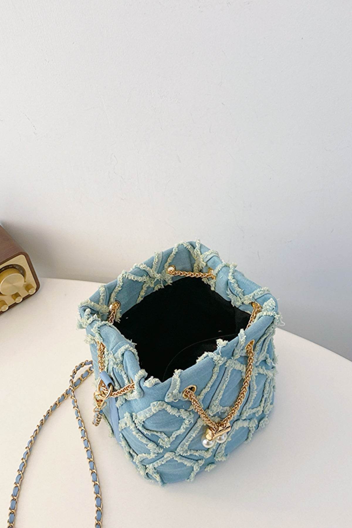 Chain Drawstring Raw Edge Denim Bucket Bag - Hovatok