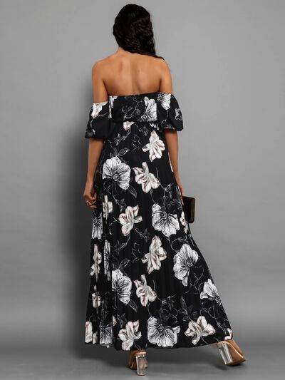 Pleated Floral Off-Shoulder Short Sleeve Midi Dress - Hovatok