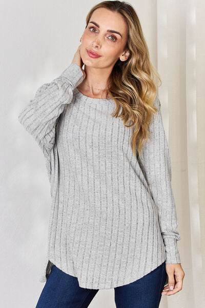 Basic Bae Full Size Ribbed Round Neck Slit T-Shirt - Hovatok