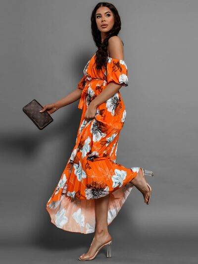 Pleated Floral Off-Shoulder Short Sleeve Midi Dress - Hovatok
