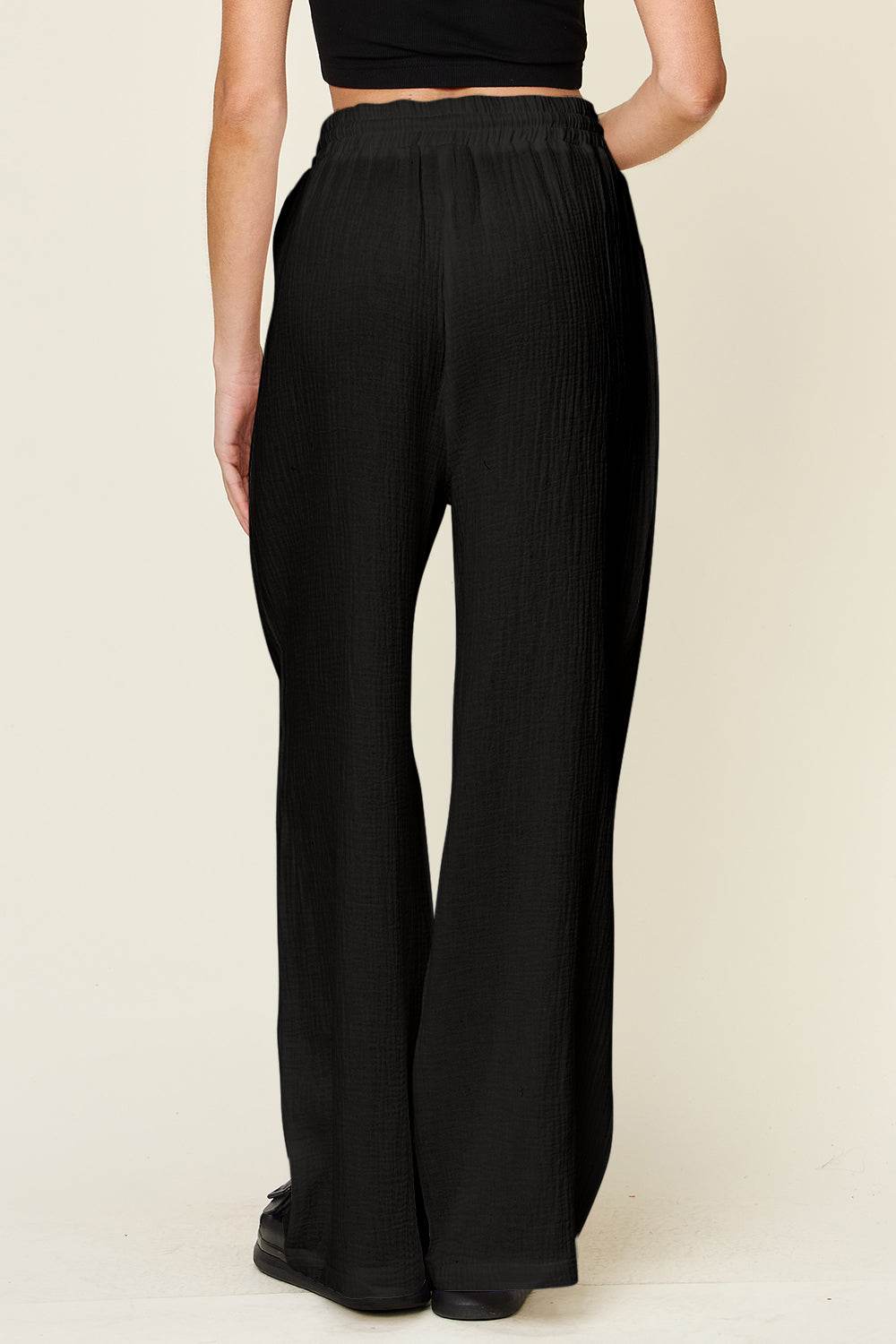 Double Take Full Size Texture Drawstring Wide Leg Pants - Hovatok