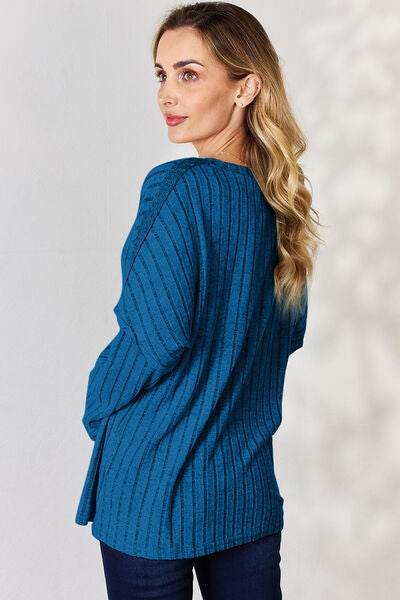 Basic Bae Full Size Ribbed Half Button Long Sleeve T-Shirt - Hovatok