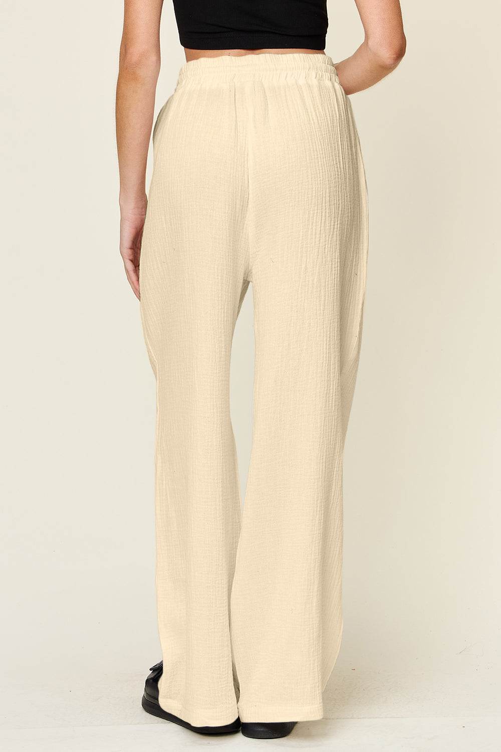 Double Take Full Size Texture Drawstring Wide Leg Pants - Hovatok