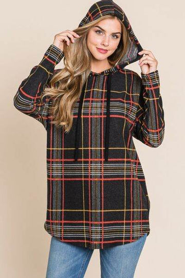 BOMBOM Drawstring Plaid Long Sleeve Hoodie - Hovatok