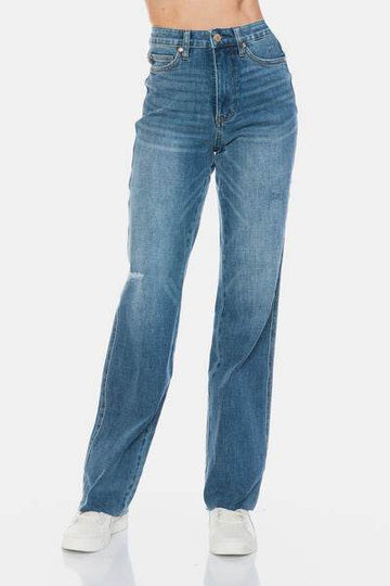 Judy Blue Full Size Tummy Control Cut Raw Hem Straight Jeans - Hovatok