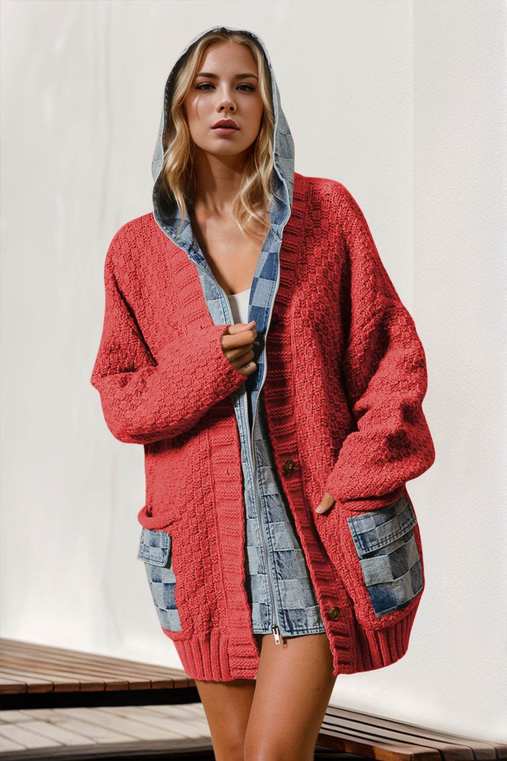 Double Take Full Size Hooded Denim Spliced Sweater Cardigan - Hovatok