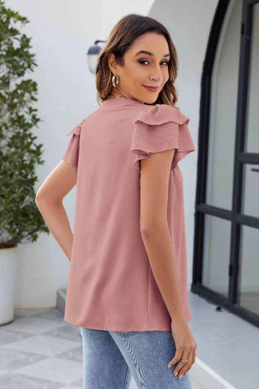 Ruffled Notched Short Sleeve Blouse - Hovatok