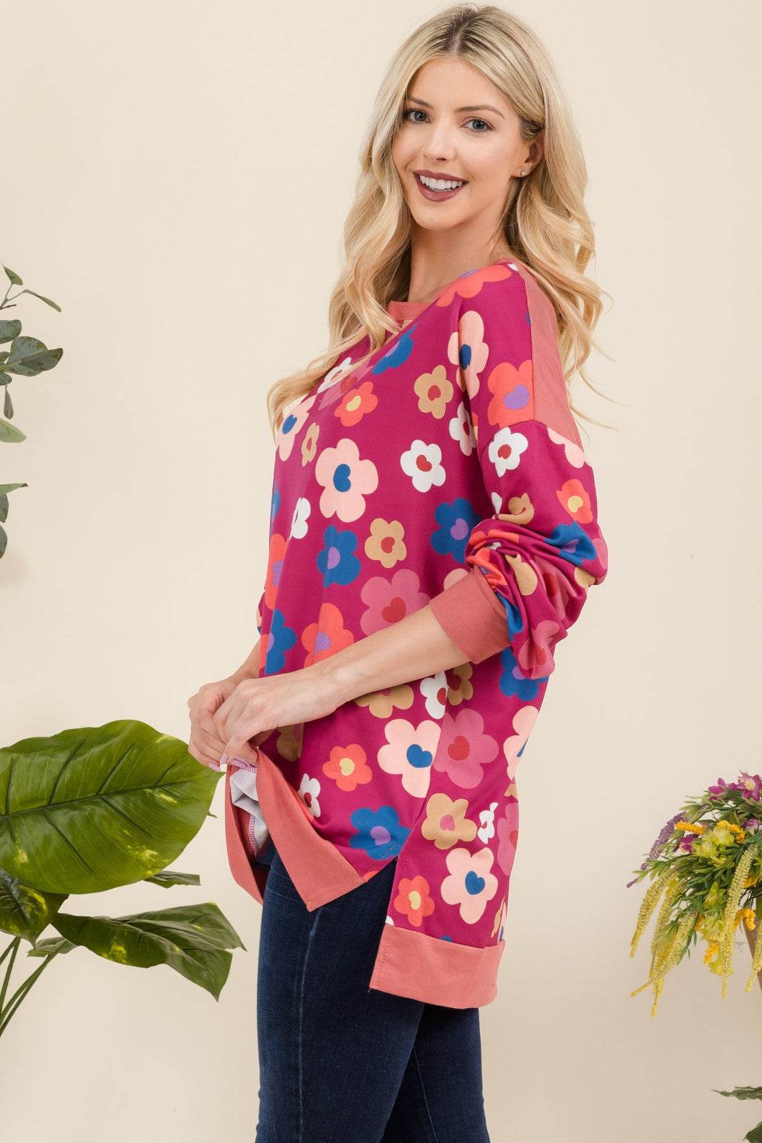 Celeste Full Size Side Slit Flower Print Long Sleeve Top - Hovatok