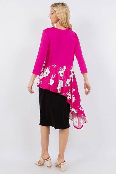 Celeste Full Size Floral Asymmetrical Hemline Round Neck Top Plus Size - Hovatok