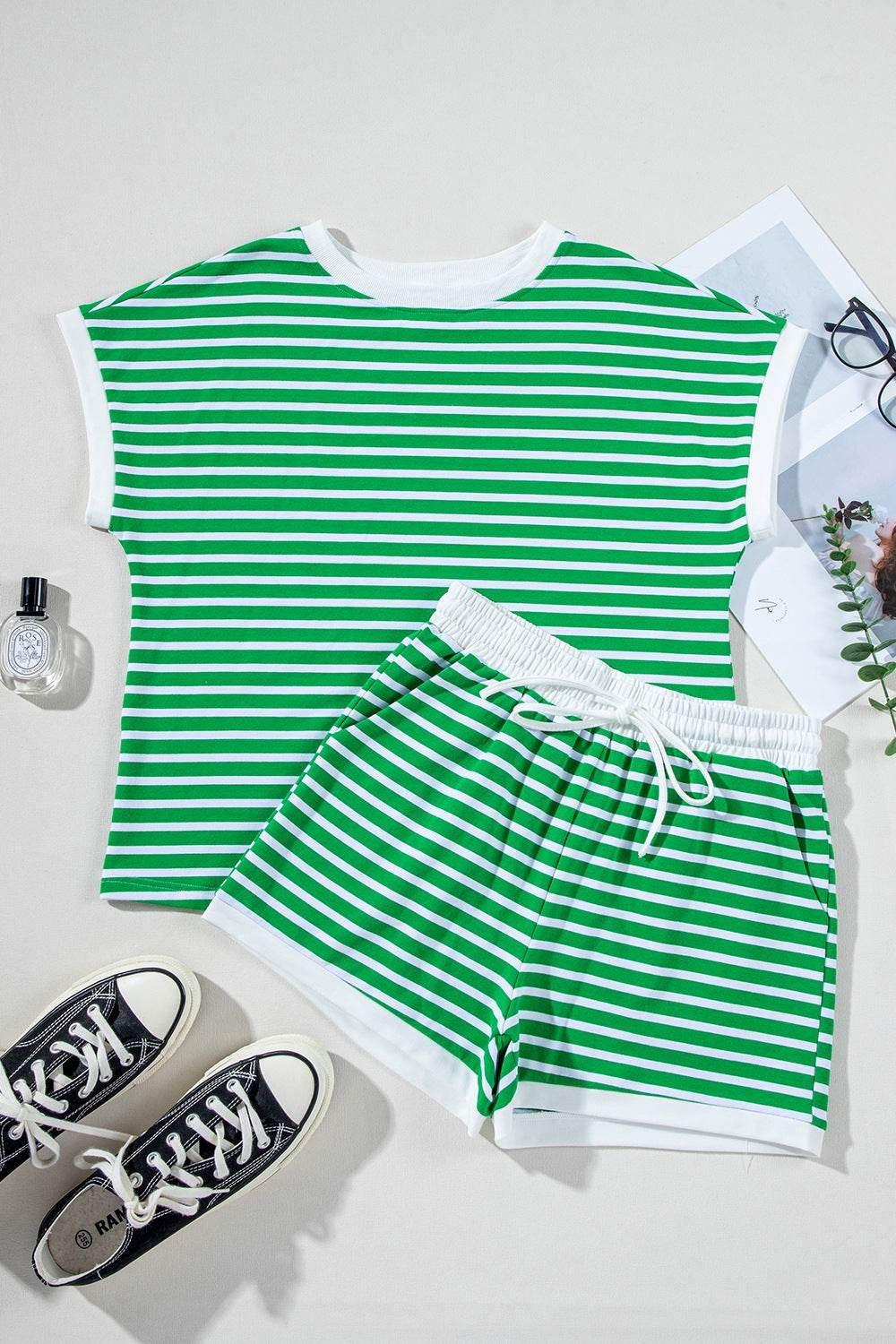 Striped Round Neck Short Sleeve Top and Shorts Set - Hovatok