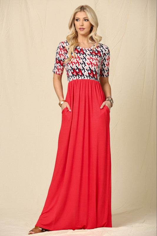 Celeste Full Size Houndstooth Round Neck Short Sleeve Maxi Dress Plus Size - Hovatok