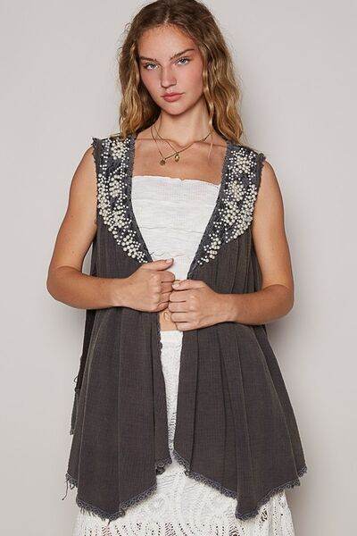 POL Embroidered Pearls Open Front Sleeveless Cardigan - Hovatok