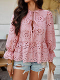 Devine Tie Front Flounce Sleeve Peplum Blouse - Hovatok