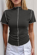 Basic Bae Contrast Trim Mock Neck Short Sleeve T-Shirt - Hovatok