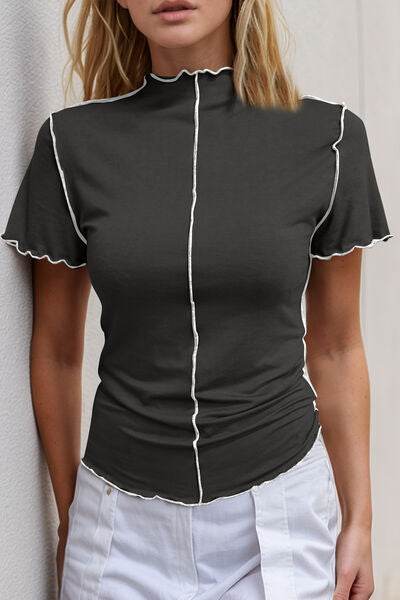 Basic Bae Contrast Trim Mock Neck Short Sleeve T-Shirt - Hovatok