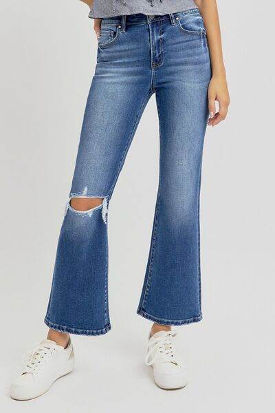 RISEN Full Size Distressed High Rise Crop Flare Jeans - Hovatok