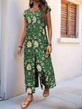 Perfee Printed Round Neck Cap Sleeve Wide Leg Jumpsuit - Hovatok