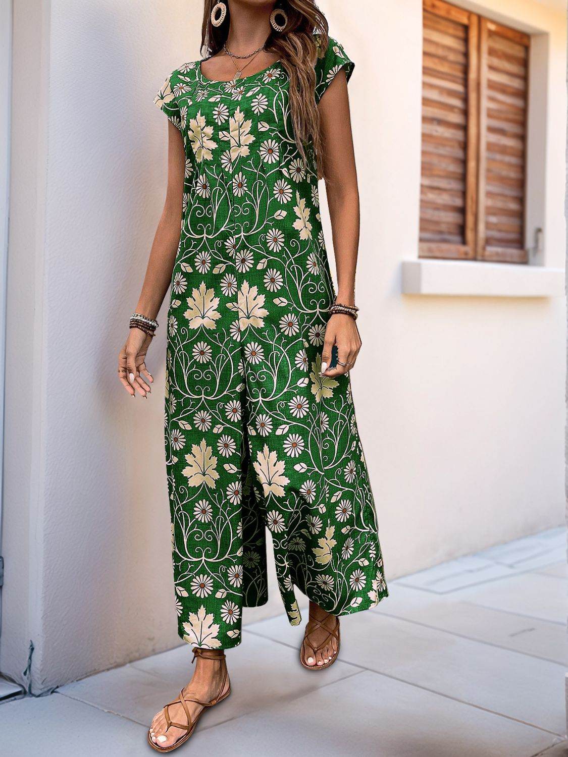 Perfee Printed Round Neck Cap Sleeve Wide Leg Jumpsuit - Hovatok