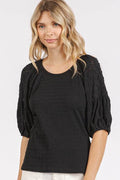 Mittoshop Mixed Media Textured Knit Popcorn Puff Sleeve Blouse - Hovatok
