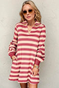 Double Take Full Size Striped Contrast Collared Neck Long Sleeve Dress - Hovatok