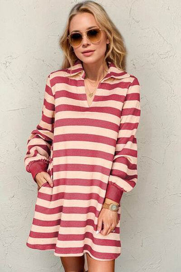 Double Take Full Size Striped Contrast Collared Neck Long Sleeve Dress - Hovatok