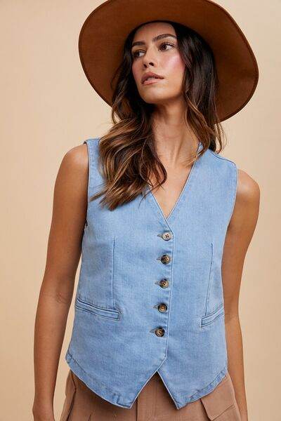 Annie Wear Button Down V-Neck Denim Vest - Hovatok