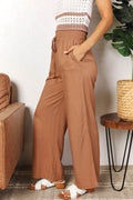 Double Take Drawstring Smocked Waist Wide Leg Pants - Hovatok