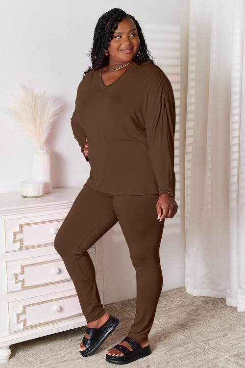 Basic Bae Full Size V-Neck Soft Rayon Long Sleeve Top and Pants Lounge Set - Hovatok