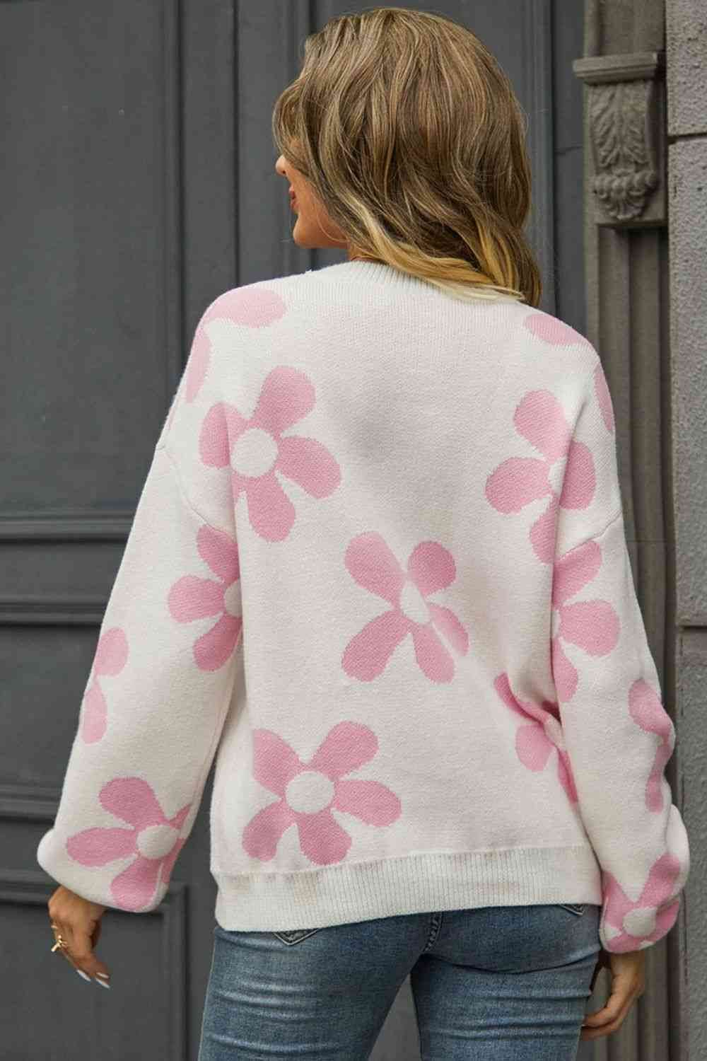 Angel Wings Floral Print Round Neck Dropped Shoulder Pullover Sweater - Hovatok