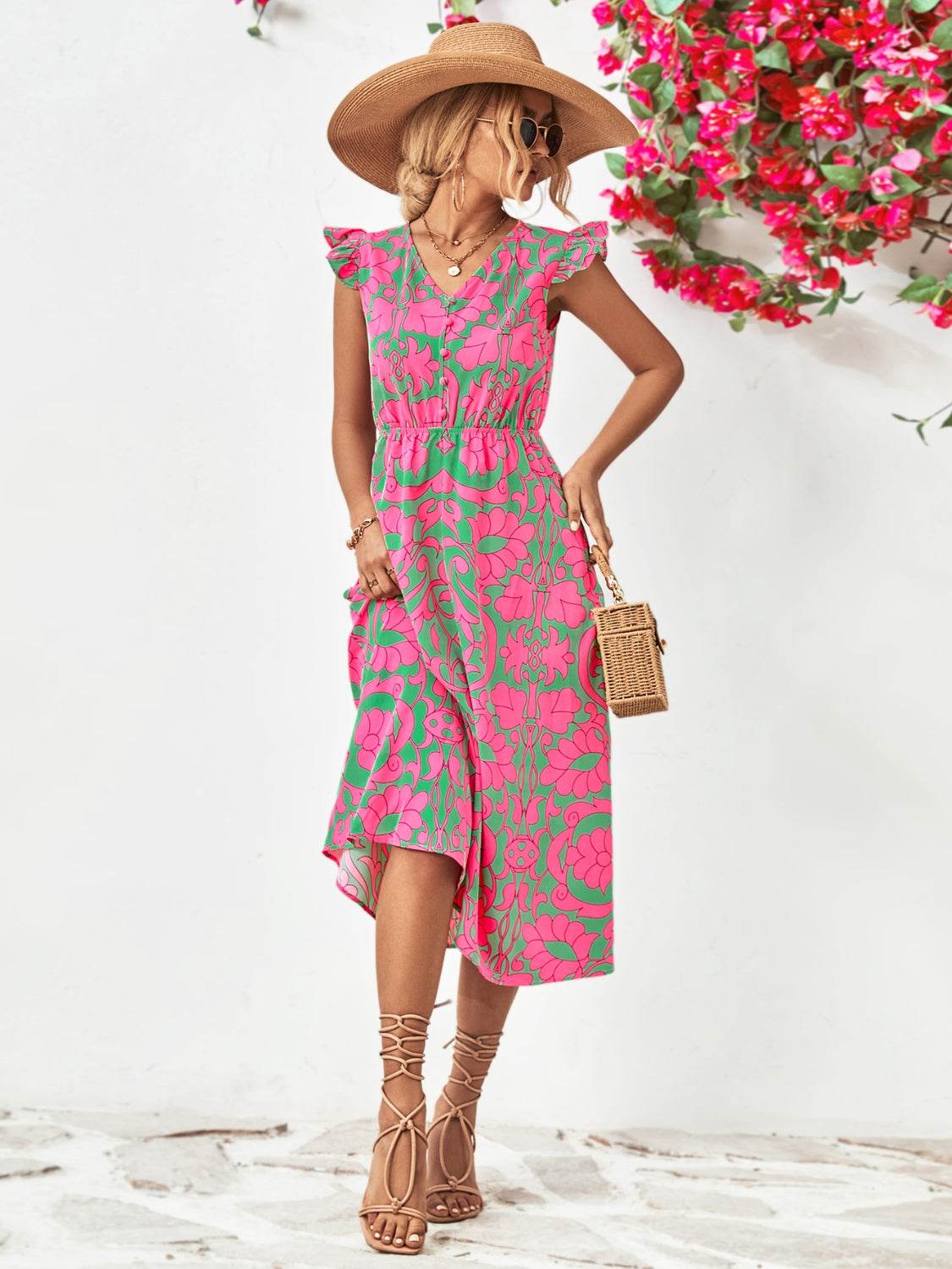 Printed V-Neck Cap Sleeve Dress - Hovatok