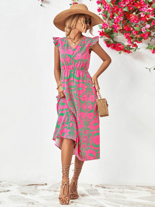 Printed V-Neck Cap Sleeve Dress - Hovatok