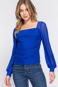 ACTIVE BASIC Square Neck Mesh Long Sleeve Shirring Top - Hovatok