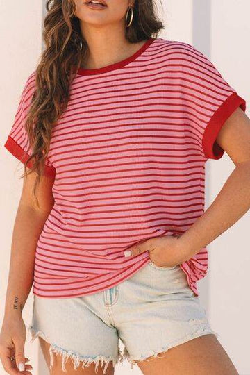 Contrast Striped Round Neck Short Sleeve T-Shirt - Hovatok