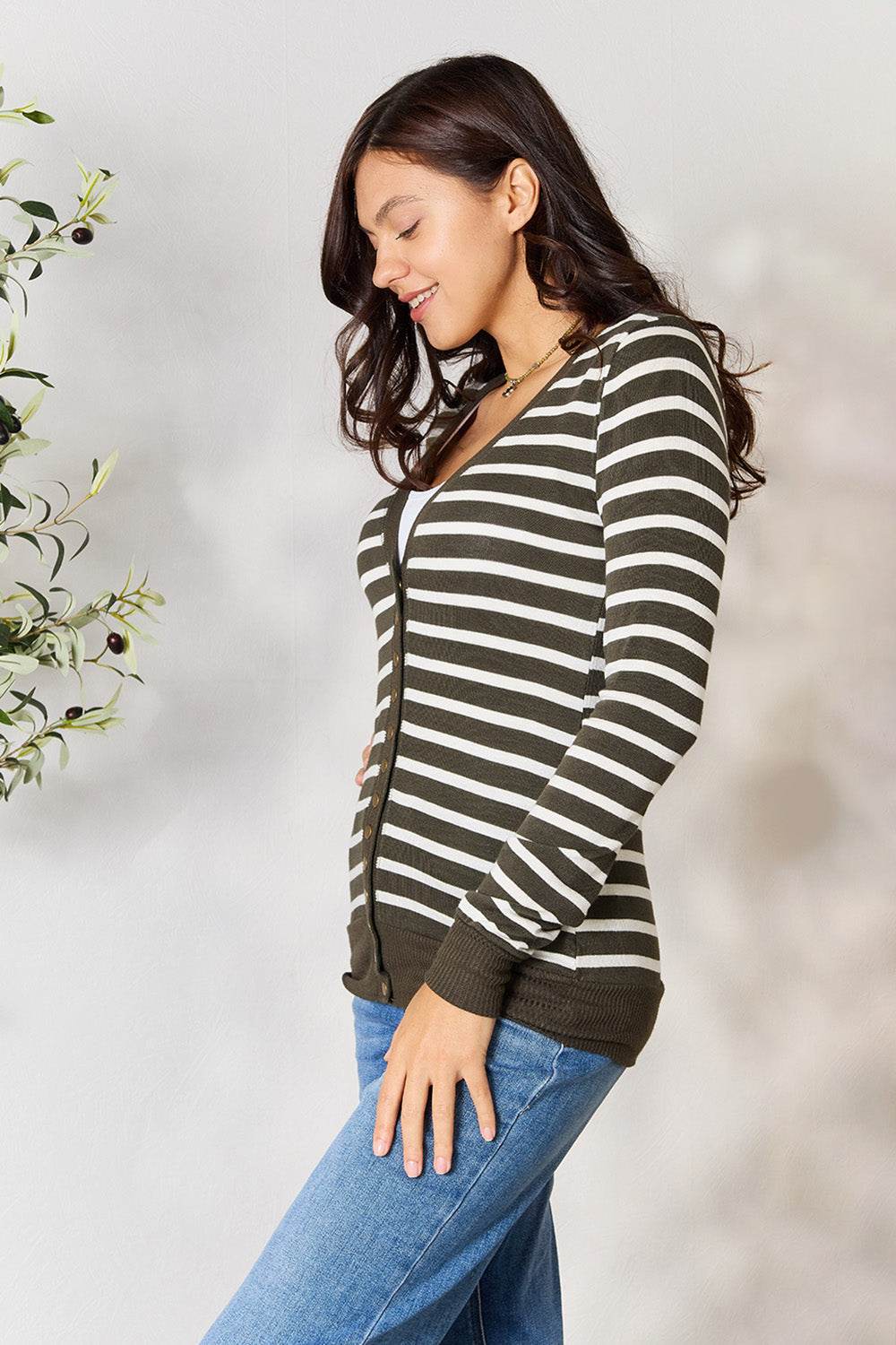 Zenana Full Size Striped Snap Down Cardigan - Hovatok