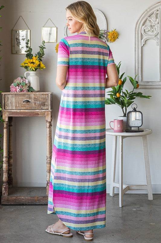 Heimish Full Size Striped Short Sleeve Maxi Tee Dress Plus Size - Hovatok