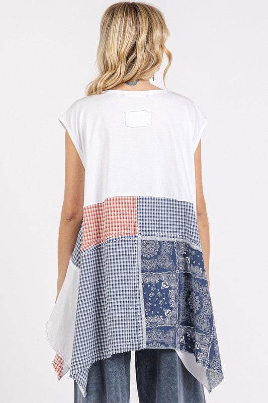 Mittoshop Patchwork Mineral Washed Round Neck Cap Sleeve Top - Hovatok