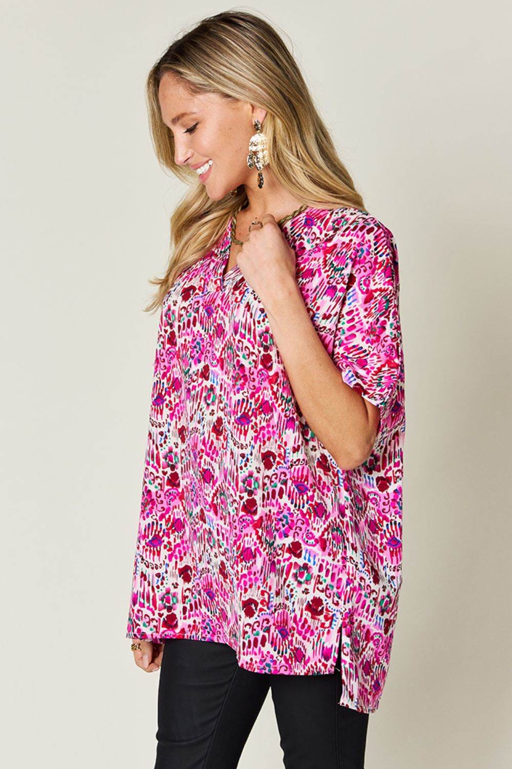 Double Take Full Size Printed V-Neck Short Sleeve Blouse - Hovatok