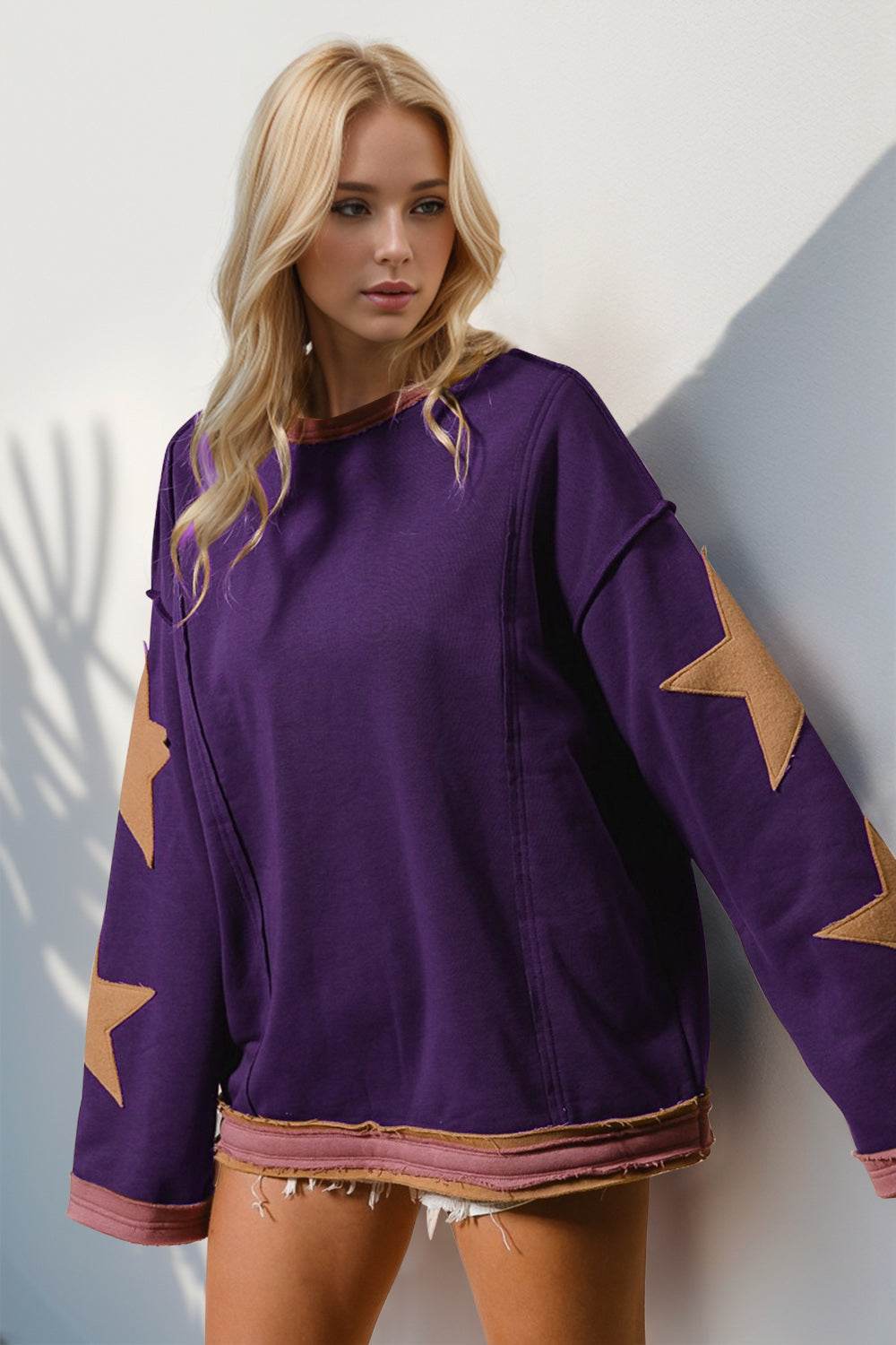 Double Take Star Patched Long Sleeve Sweatshirt - Hovatok