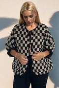 Double Take Tied Checkered Dropped Shoulder Flounce Sleeve Cardigan - Hovatok