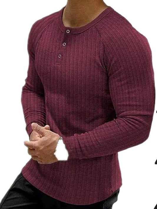 Men's Full Size Ribbed Round Neck Long Sleeve T-Shirt Plus Size - Hovatok