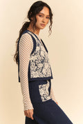 Davi & Dani Lace Patch Open Front Denim Vest - Hovatok