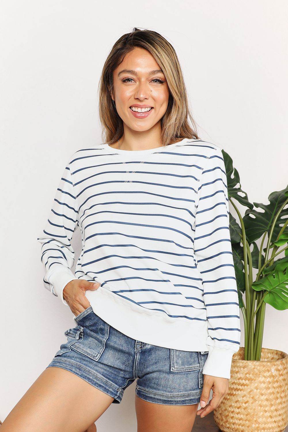Double Take Striped Long Sleeve Round Neck Top - Hovatok