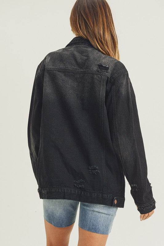 RISEN Full Size Distressed Long Sleeve Denim Jacket - Hovatok