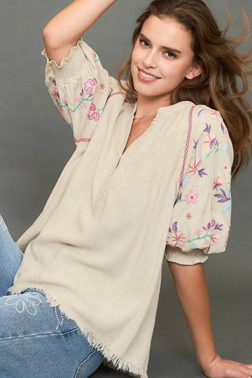 Umgee Full Size Half Button Top with Embroidery Sleeves Plus Size - Hovatok